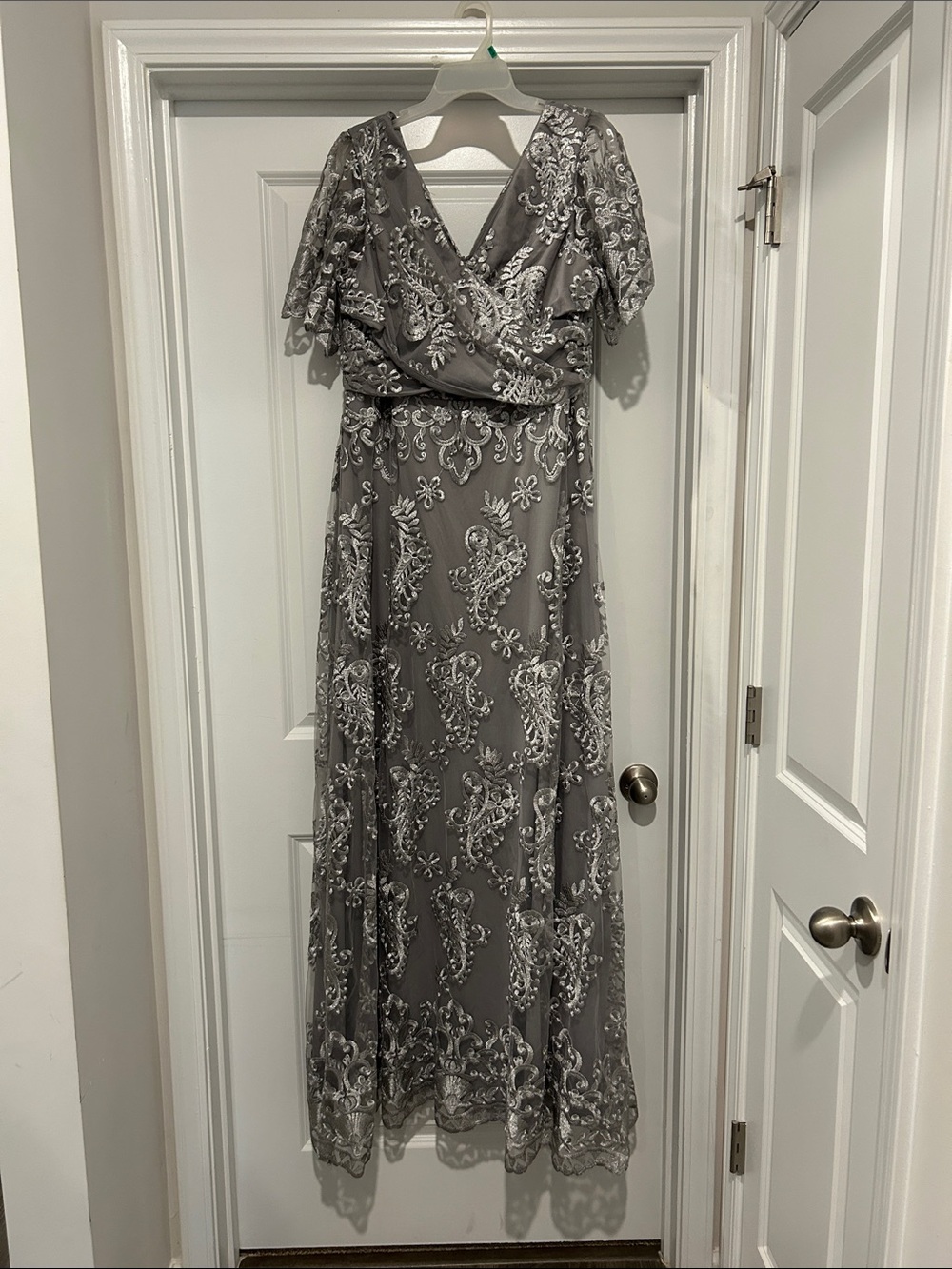 Elegant Gray Embroidered V-Neck Maxi Dress